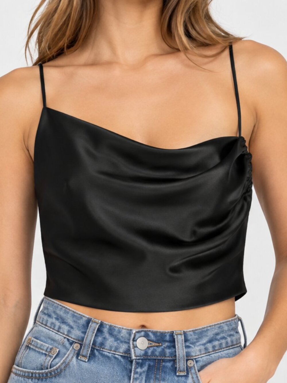 Princess Polly Black Satin Asymmetrical Cowl Crop Top Size 8